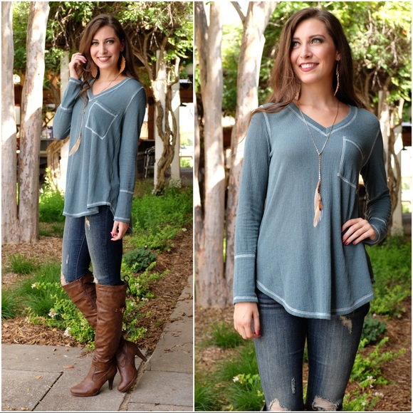Infinity Raine Tops - ✨LAST ONE✨Teal Ribbed Knit V Neck Tunic
